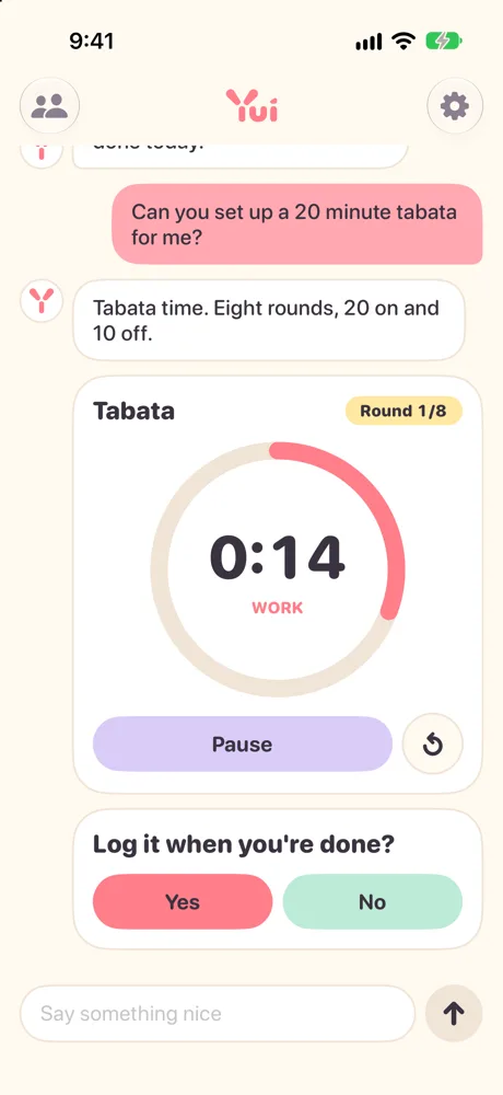 An agent answers a Tabata request with a live interval timer and Yes or No buttons