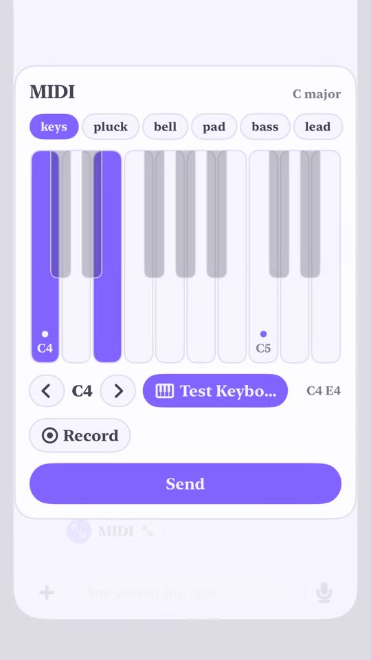 A MIDI keyboard holding C4 and E4: both keys lit on the screen