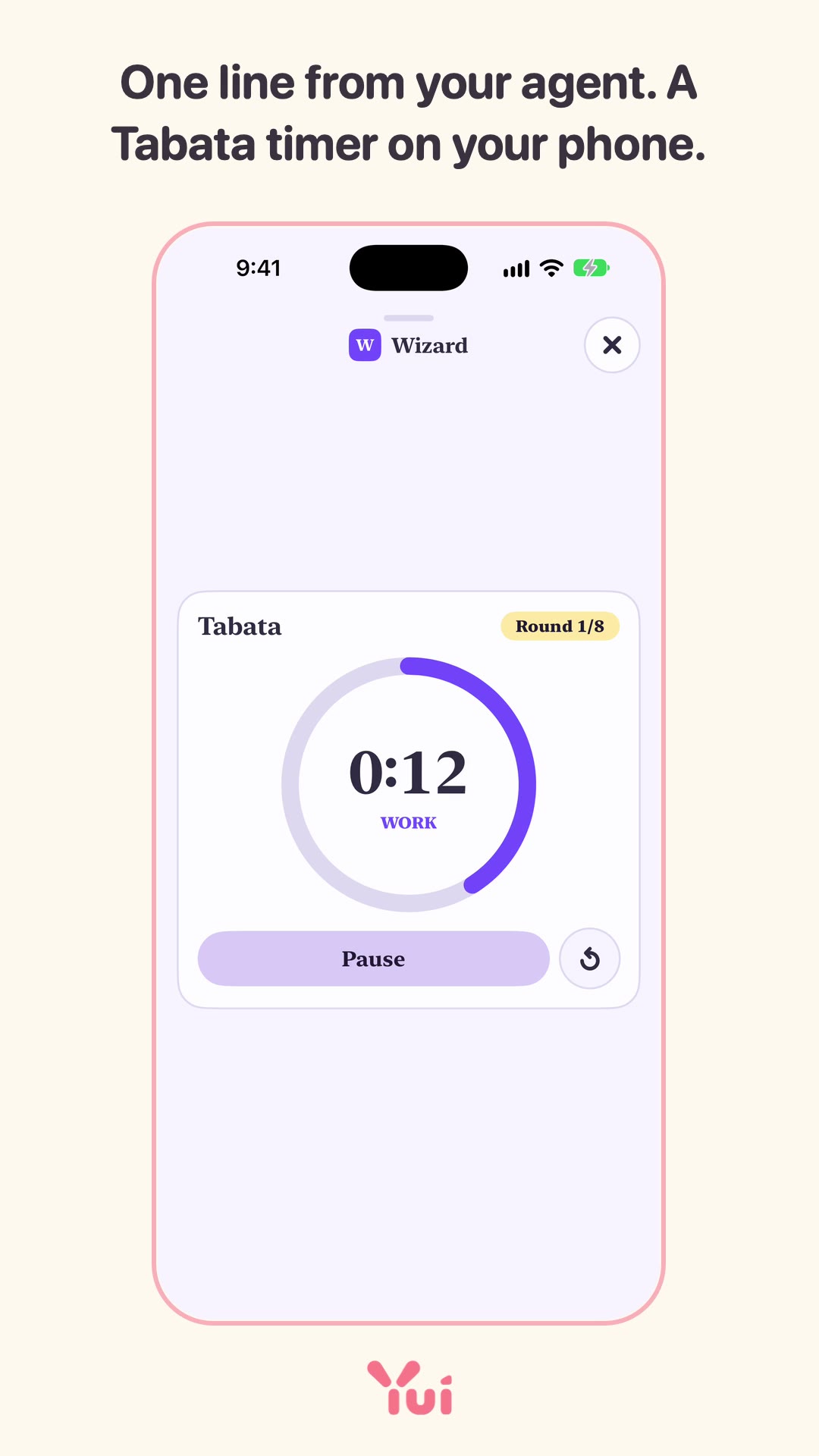 A Tabata timer on the phone, one line from an agent, counting a work interval.