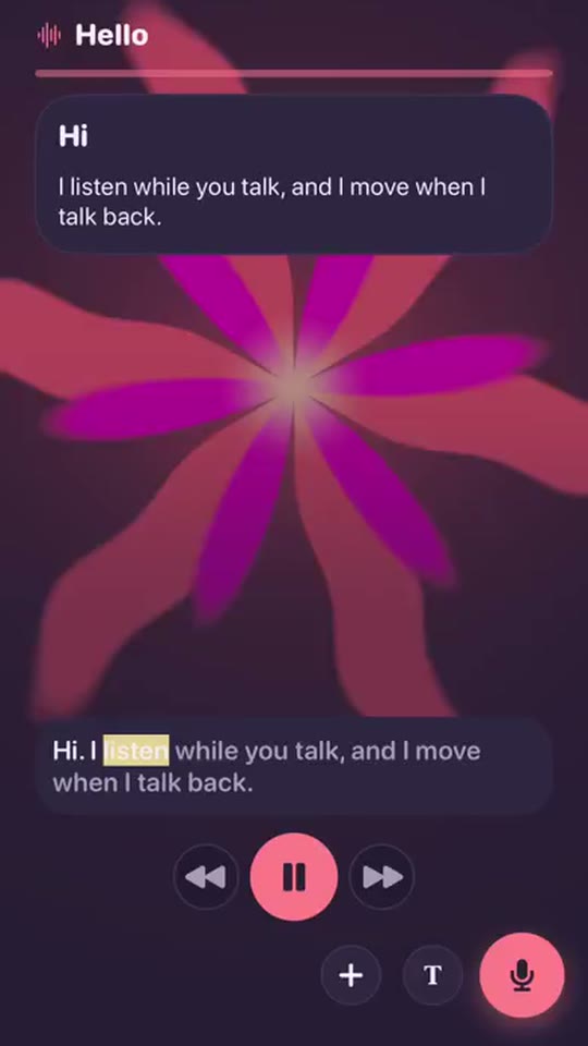 Petals of light opening while the agent reads its answer aloud