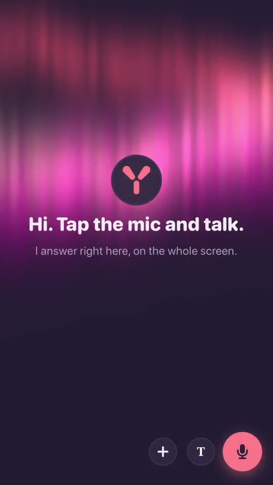 Dark mode: bands of pink light behind Hi. Tap the mic and talk.