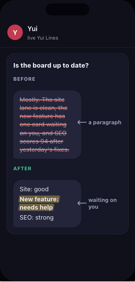 A paragraph struck out and replaced by three rows: Site good, New feature needs help highlighted, SEO strong
