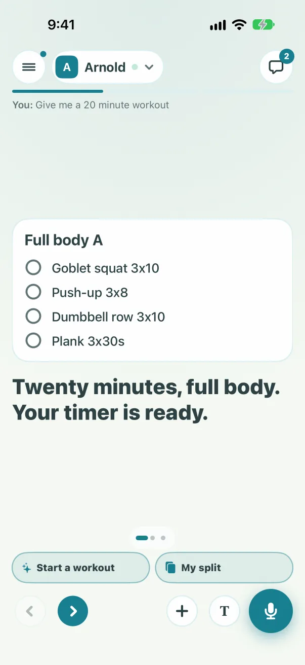 An answer on the stage: a checklist for Full body A and the words Twenty minutes, full body set big