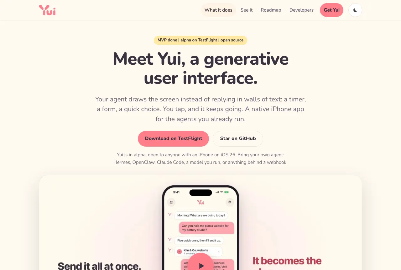 The home page with the new hero video under the headline and the two buttons: an iPhone mid-chat, Send it all at once on the left, It becomes the plan on the right, and a coral play button.