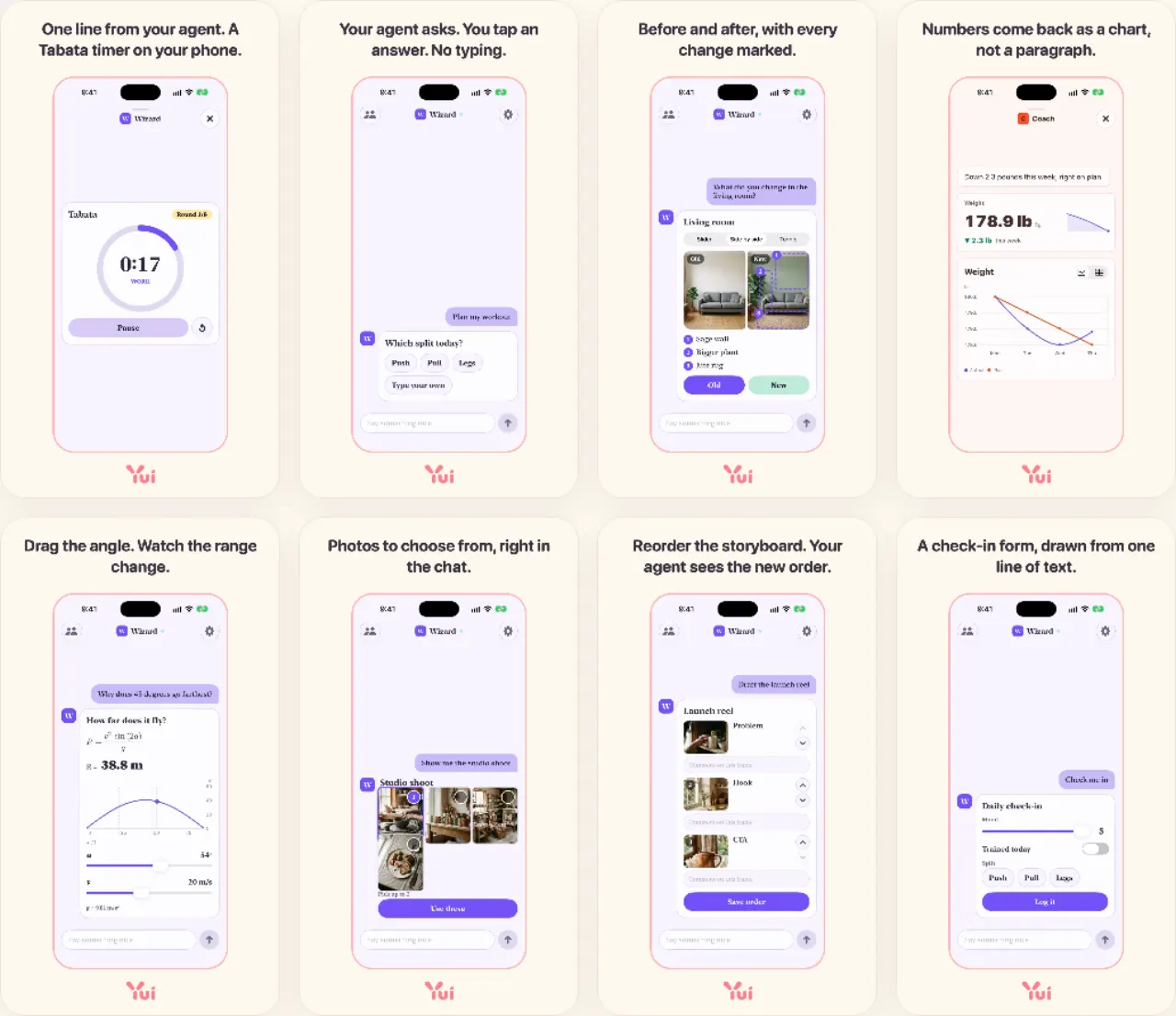 See it move: eight screen recordings in two rows, a Tabata timer, a quick choice, a before and after, a chart, a calculator, a photo pick, a storyboard and a check-in form.
