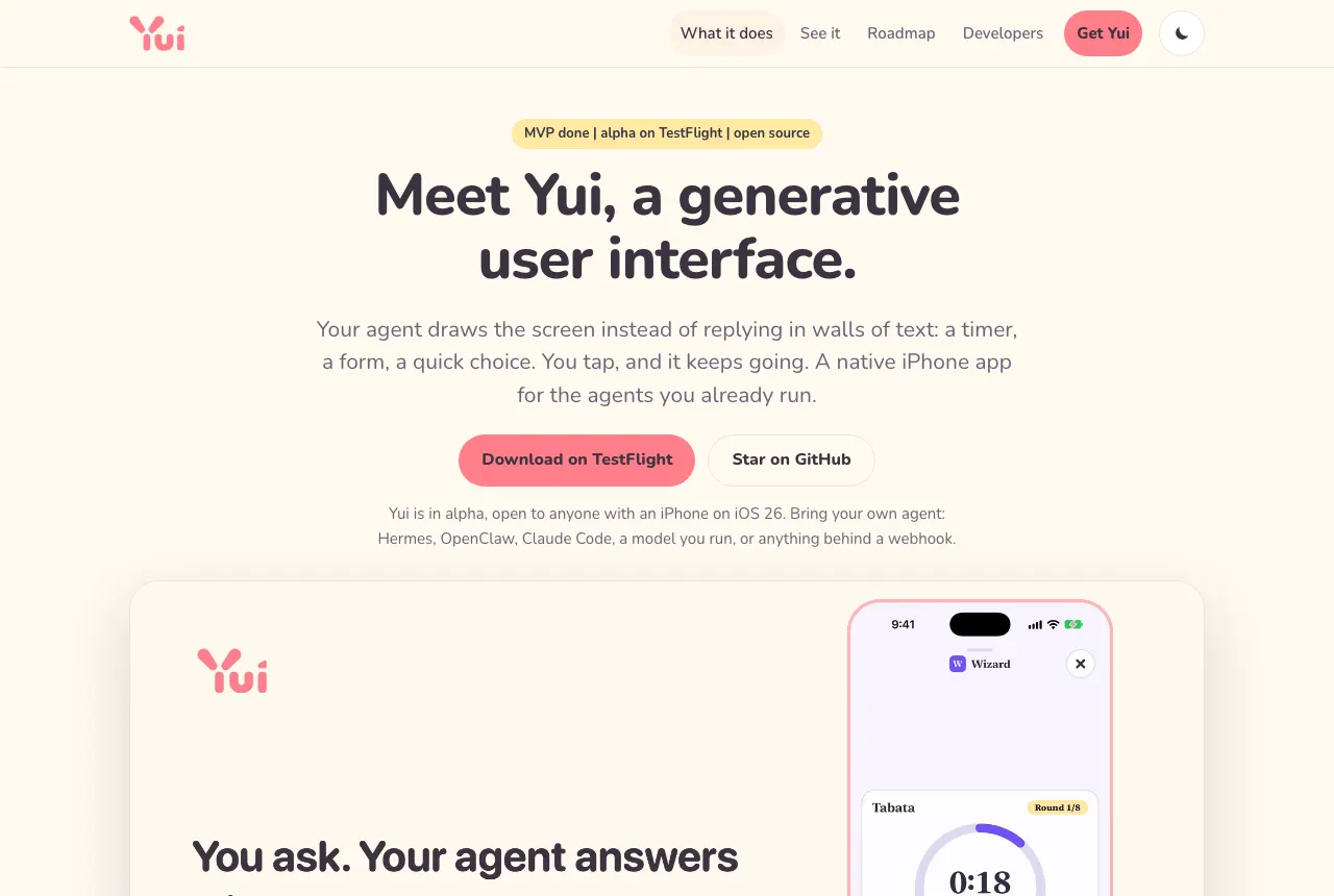 The new home page: MVP done, alpha on TestFlight, the headline, Download on TestFlight and an outlined Star on GitHub button, and the top of a wide video.
