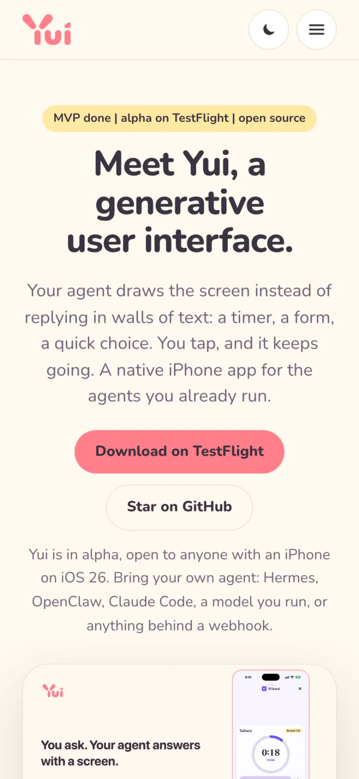 The same home page on a phone: the headline, the two buttons stacked, and the video below.