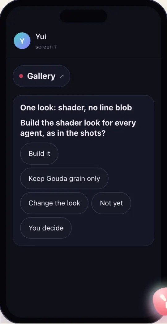 After: the same card asks Build the shader look for every agent, with the buttons Build it, Keep Gouda grain only, Change the look, Not yet and You decide.