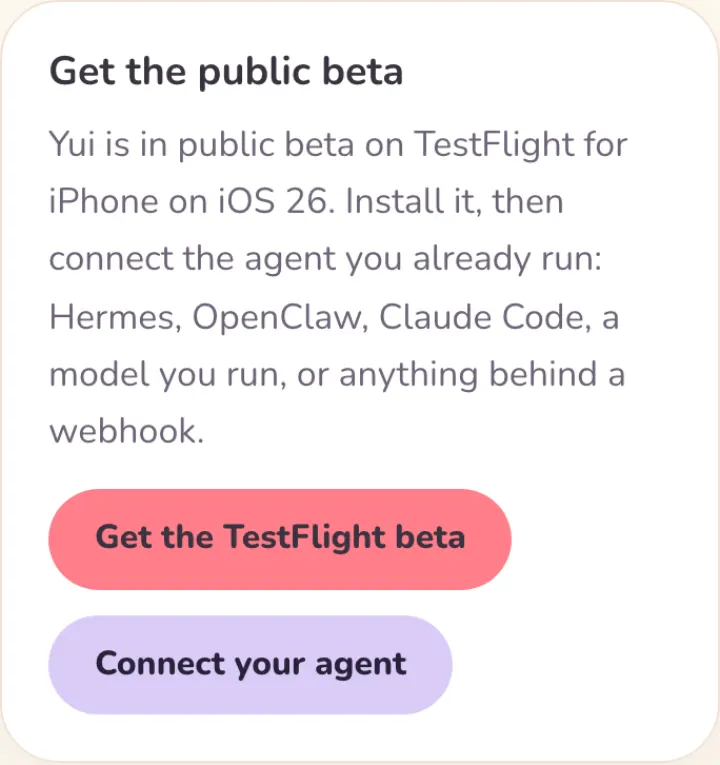 The band at the bottom of every page: Get the public beta, with Get the TestFlight beta and Connect your agent buttons.