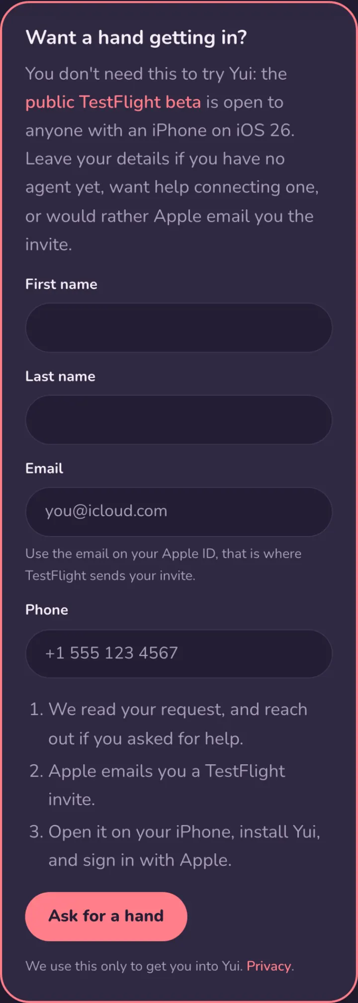 The same Ask for a hand form in dark mode.