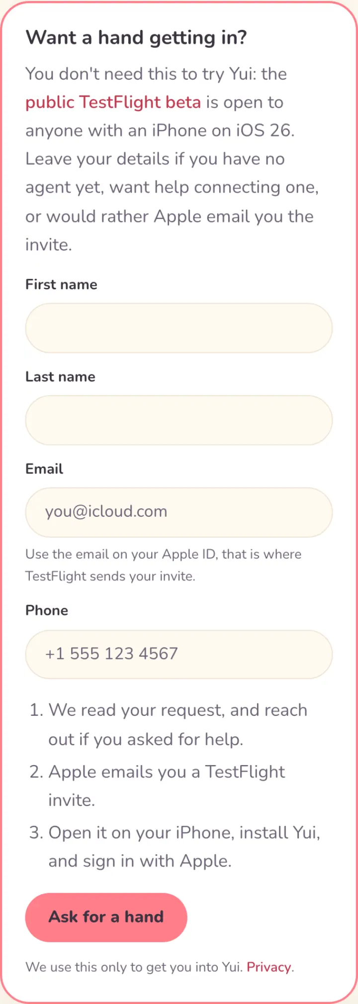 The Ask for a hand form in light mode: the public TestFlight beta is open to anyone, and the form is for help, an agent or the invite by email.