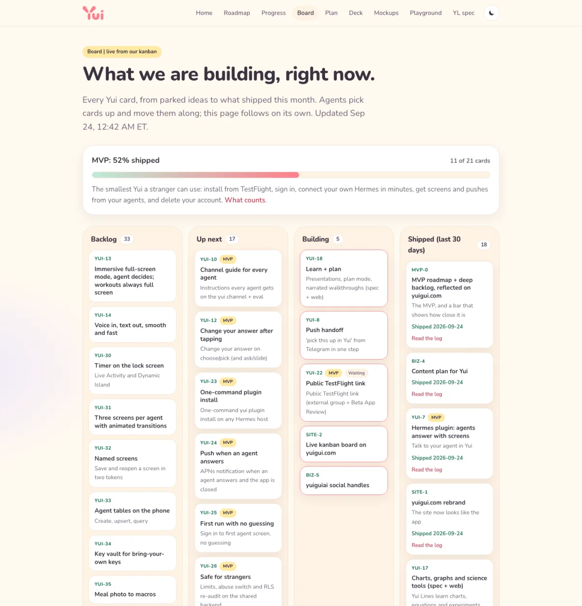 The yuigui.com board: backlog, up next, building and shipped columns of Yui cards, with the MVP bar above