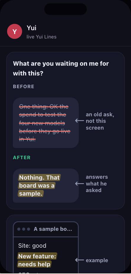 Before: an old model-spend ask in reply to what are you waiting on me for with this. After: Nothing, that board was a sample. Below, the sample board with its row marked example.