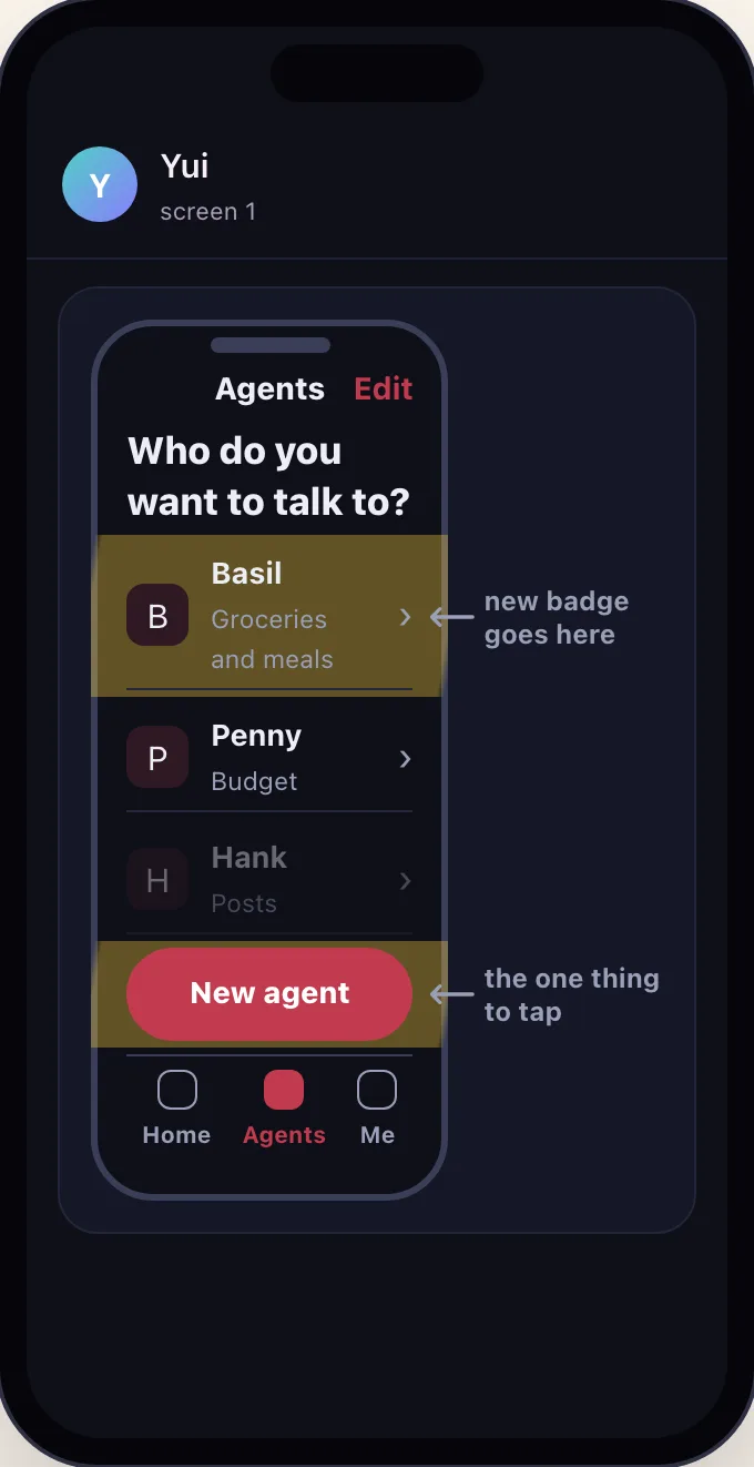Dark mode: a phone mock of the Agents screen