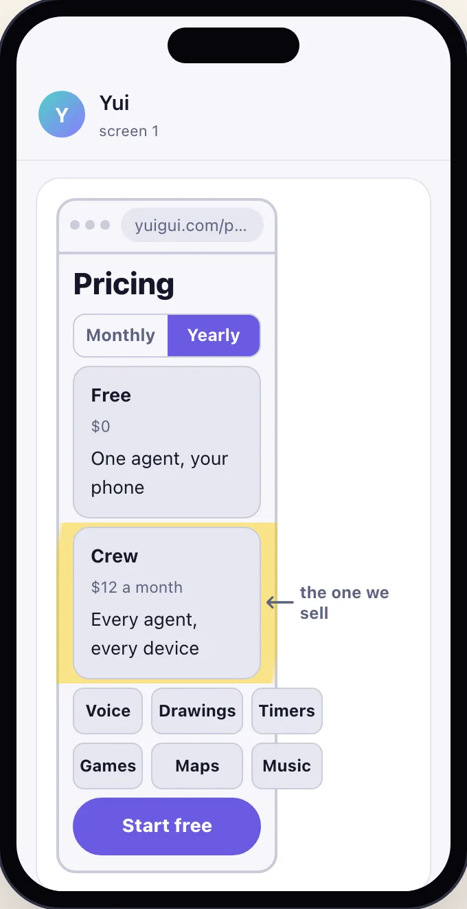 Light mode: a browser mock of a pricing page