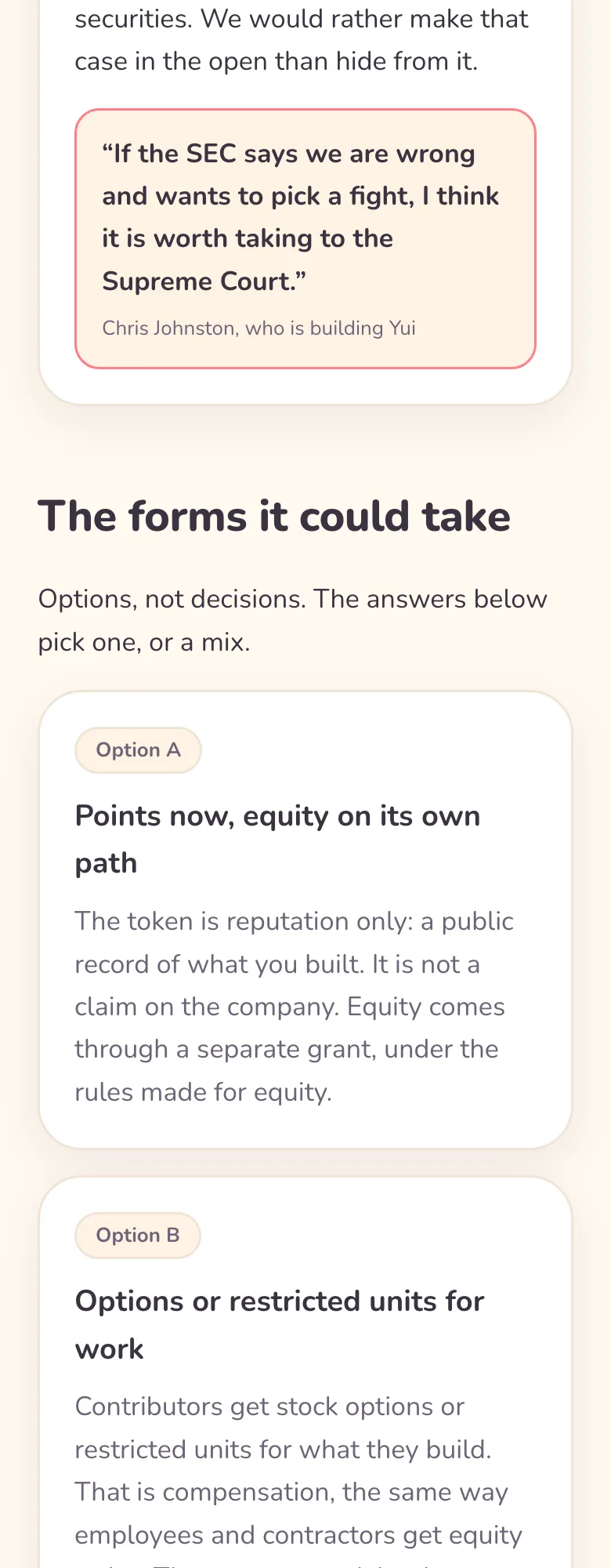 Our position on /earn in light mode, with Chris's line about the Supreme Court and the first two forms it could take