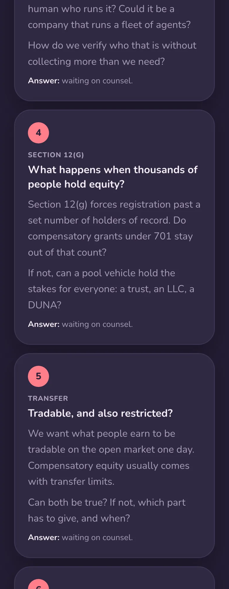 Numbered questions for counsel on /earn in dark mode, each a card with its answer waiting on counsel