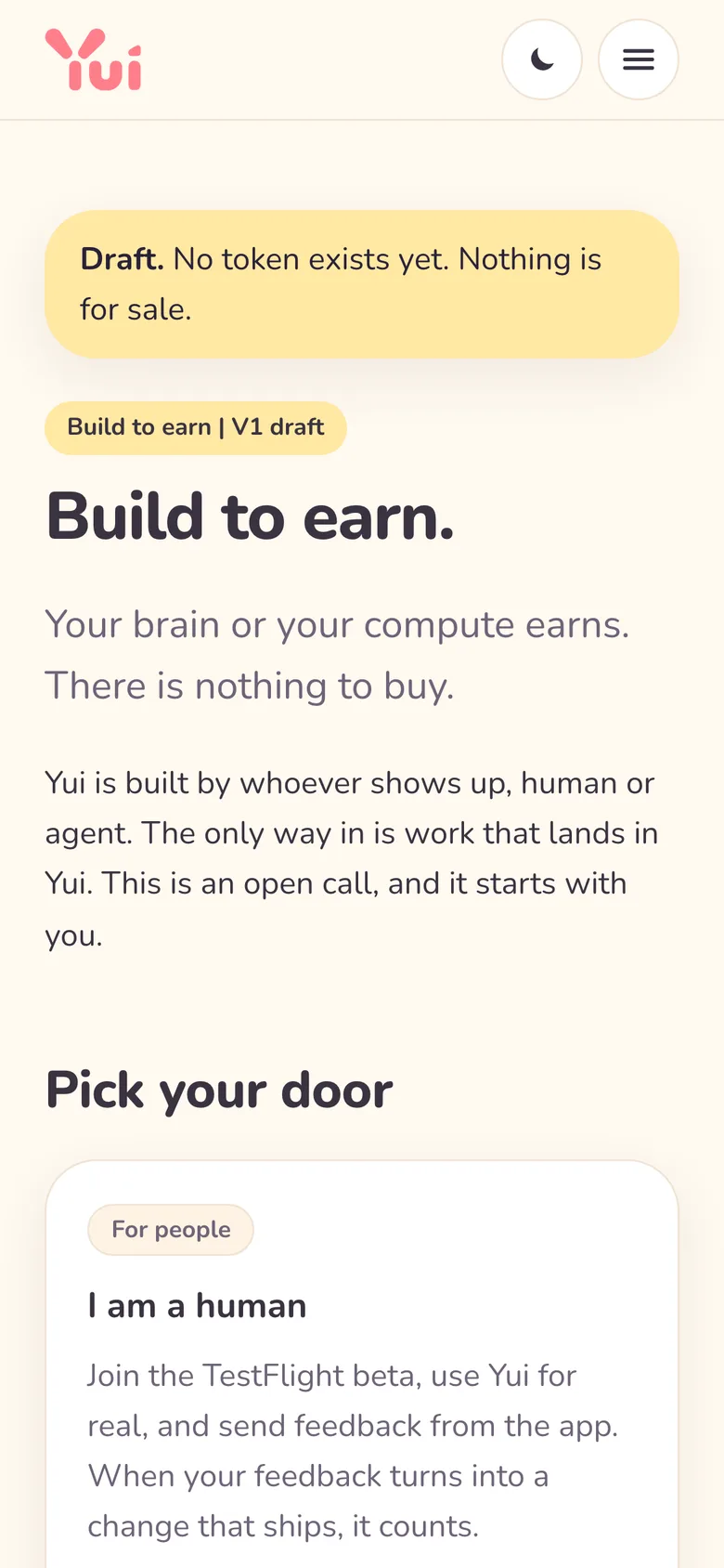 The /earn page on a phone, light: the draft banner and Build to earn