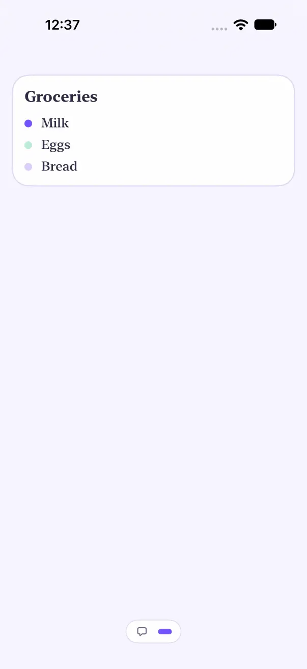 After a left swipe on a chat bubble, screen 2 with a Groceries list is showing, and no reply quote was set.