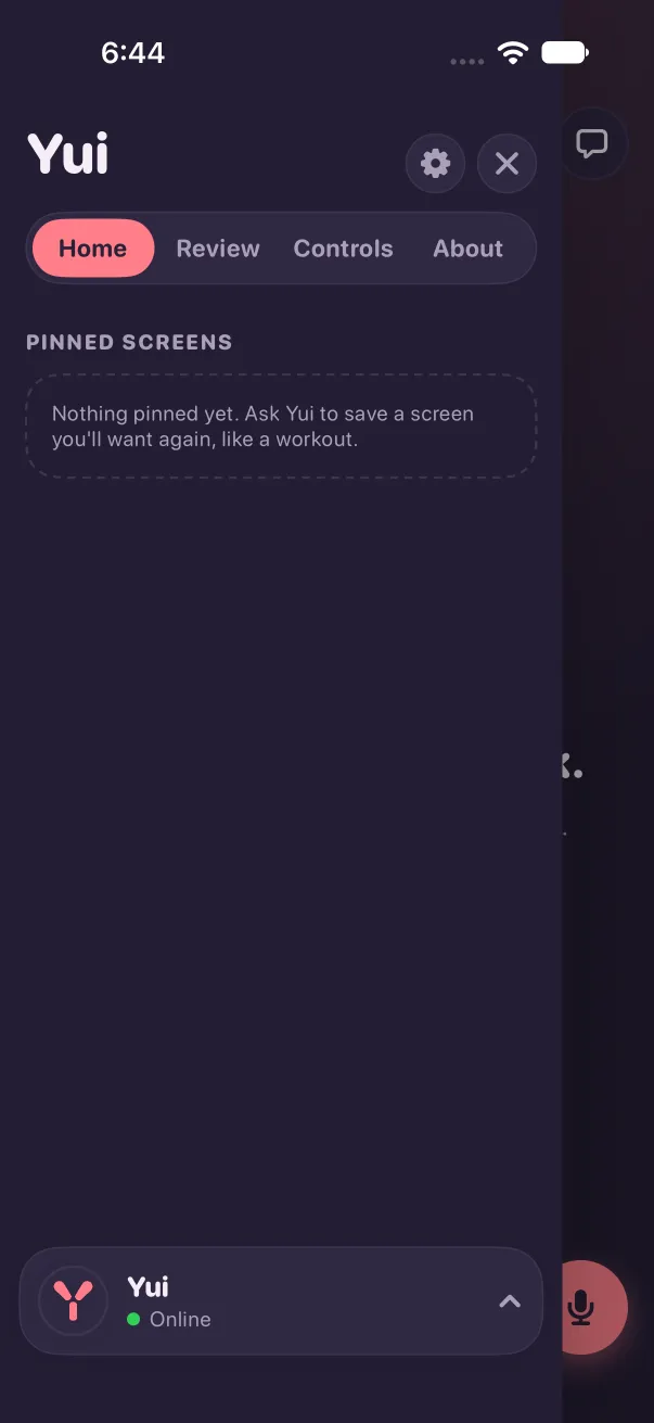 Dark mode: a drag right on the empty greeting pulls the drawer out from the left, with Home, Review, Controls and About.