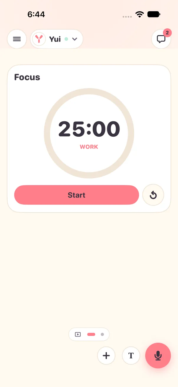 Light mode: after a drag left, screen 2 shows a Focus timer, with the plus, T and mic buttons still at the bottom.