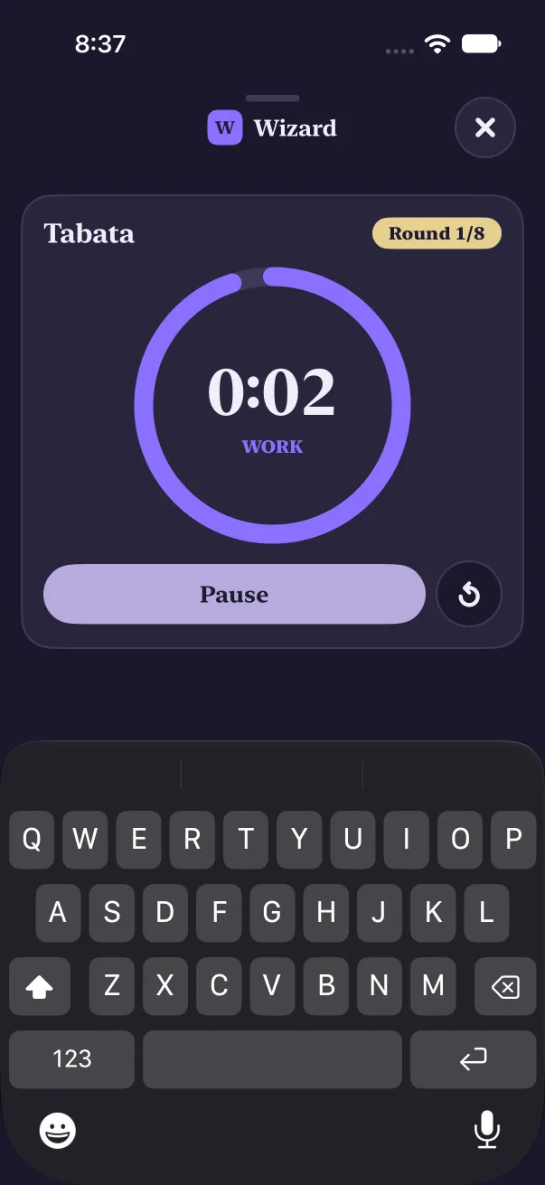 Before: a Tabata timer full screen with the keyboard still up over the bottom third
