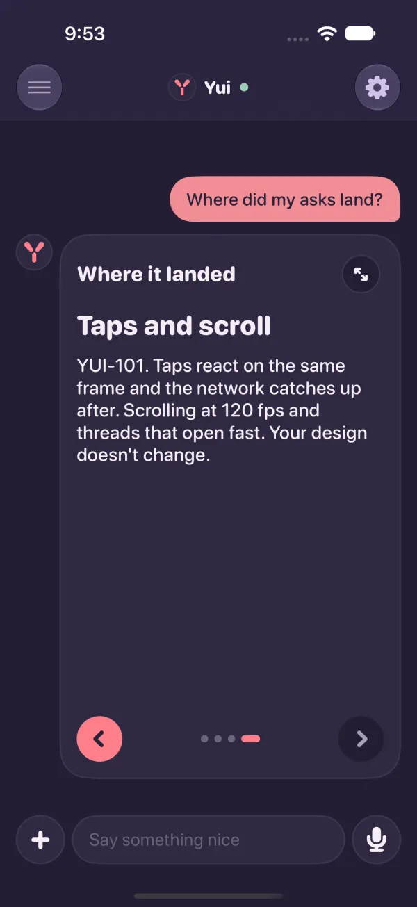 Before, dark mode: the inline deck Where it landed on its short last page, Taps and scroll, with half the card empty above the arrows