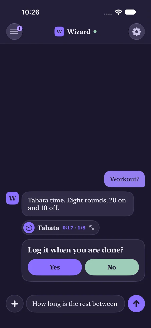 Back in the chat after the agent's Tabata full screen: the half-typed question is still in the composer