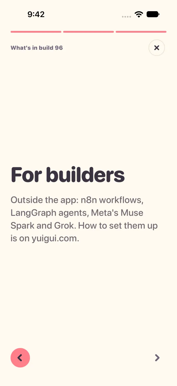 The Yui app showing a full-screen deck reopened on its last page, For builders, with the headline and body on screen in light mode