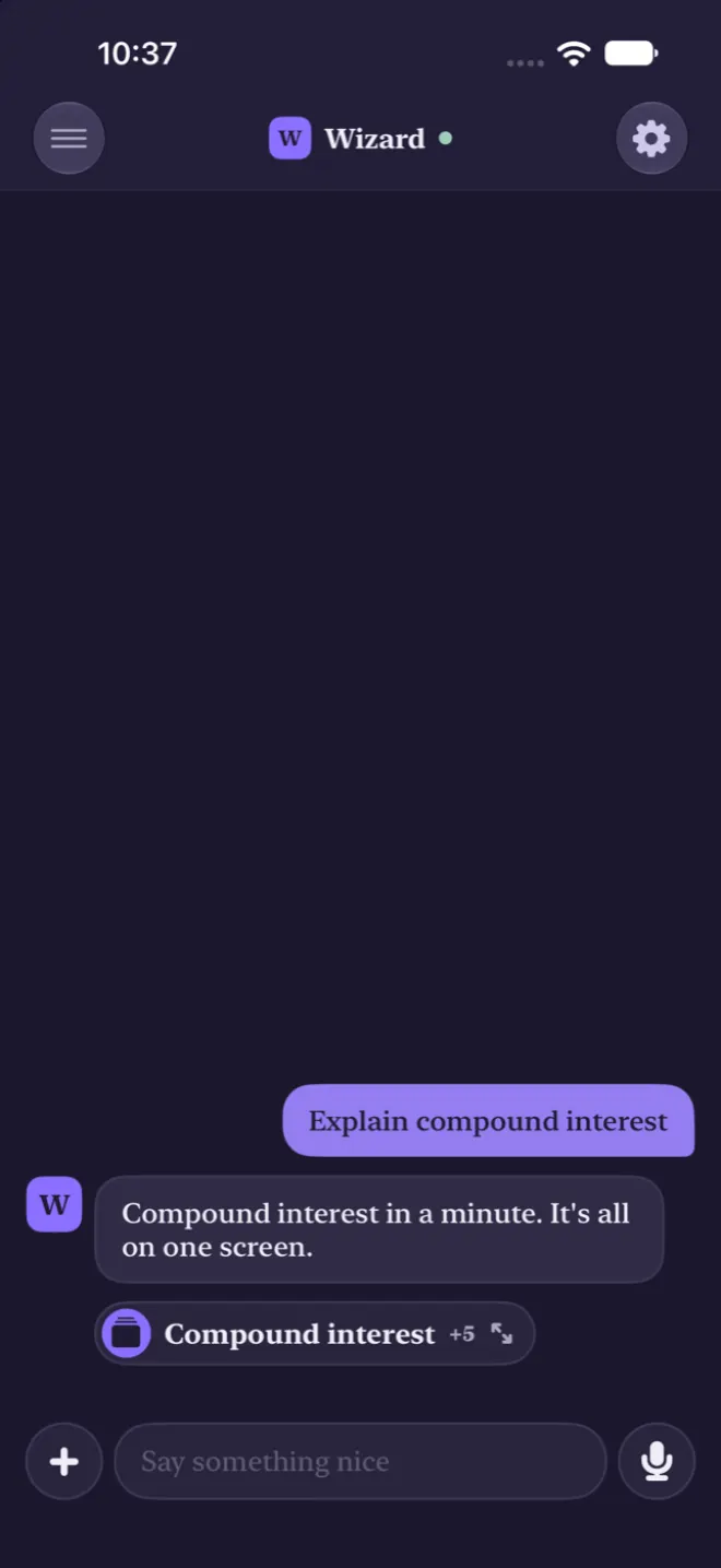 The chat after asking about compound interest: one line and one Compound interest chip