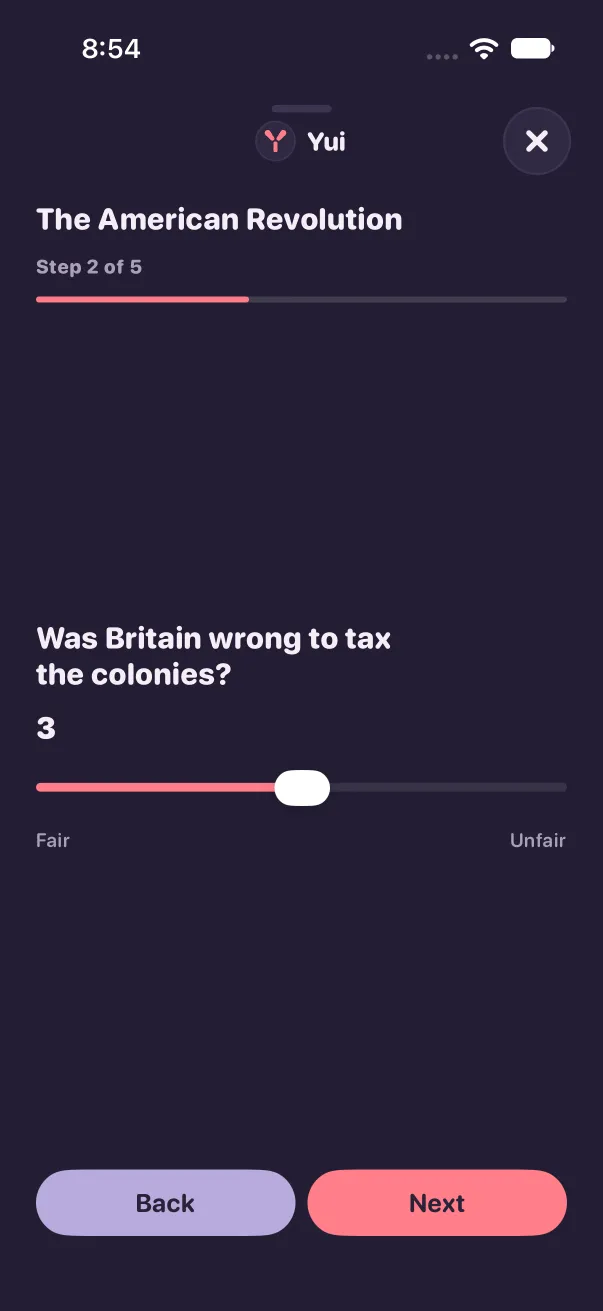 After: the same slider question with no card, centered between the progress bar and Back/Next