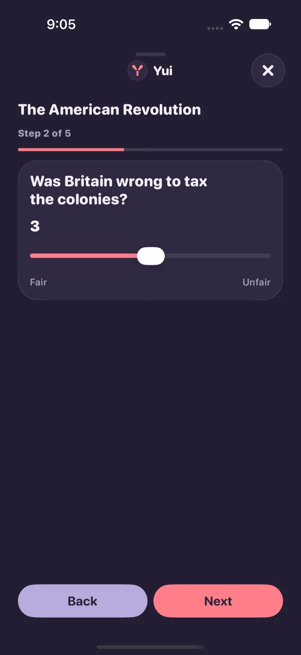 Before: the slider question in a bordered card pinned under the progress bar, the rest of the screen empty