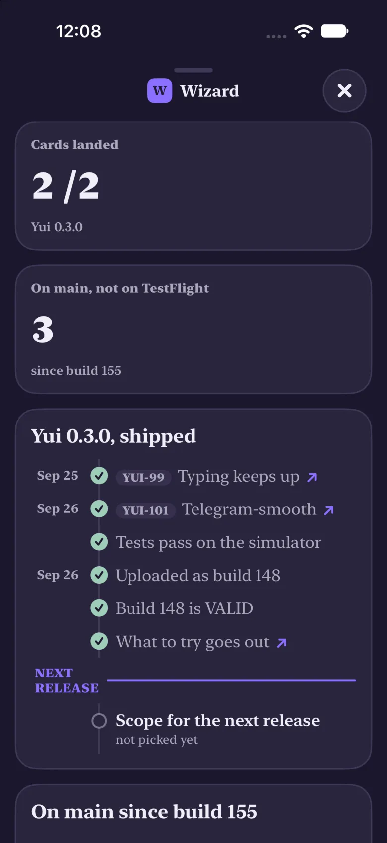 The war room before: a release checklist and a list of commits on top, in the app.