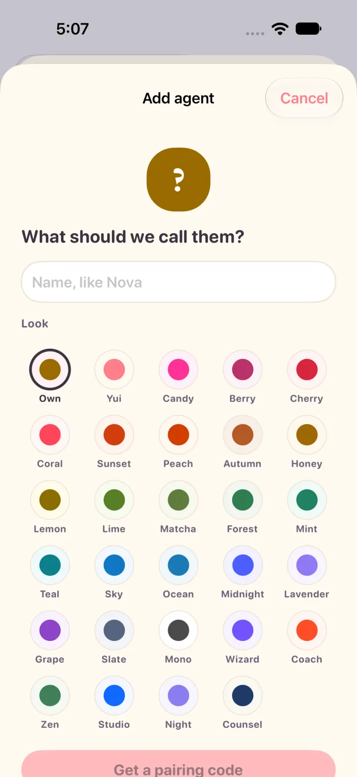 Light mode: the Add agent sheet with the name field, a grid of looks and Cancel at the top right.