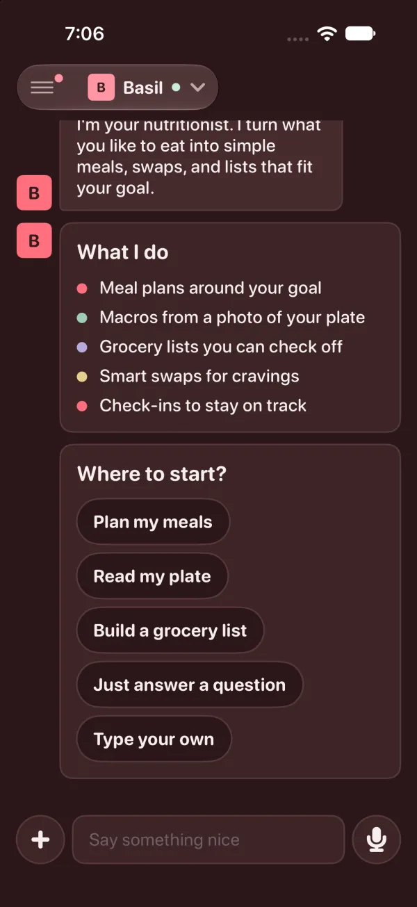 After: one line, I'm your nutritionist, then a What I do list of five things and Where to start buttons: Plan my meals, Read my plate, Build a grocery list