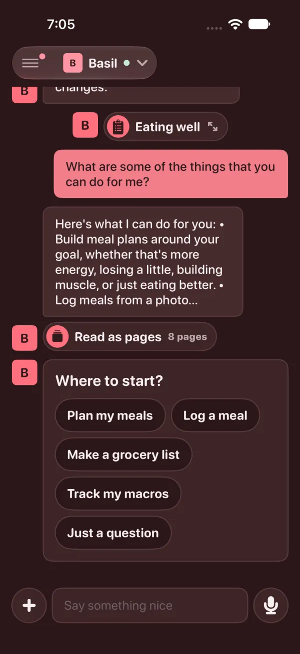 Before, in the chat: a folded wall of bullets with Read as pages, 8 pages, then Where to start buttons