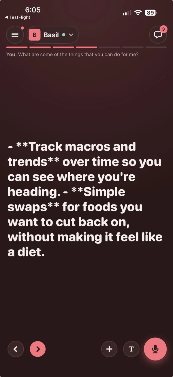 Before, on Chris's phone: Basil's answer on the full screen stage, page 4 of 7, raw stars around Track macros and trends and Simple swaps, the bullets run together