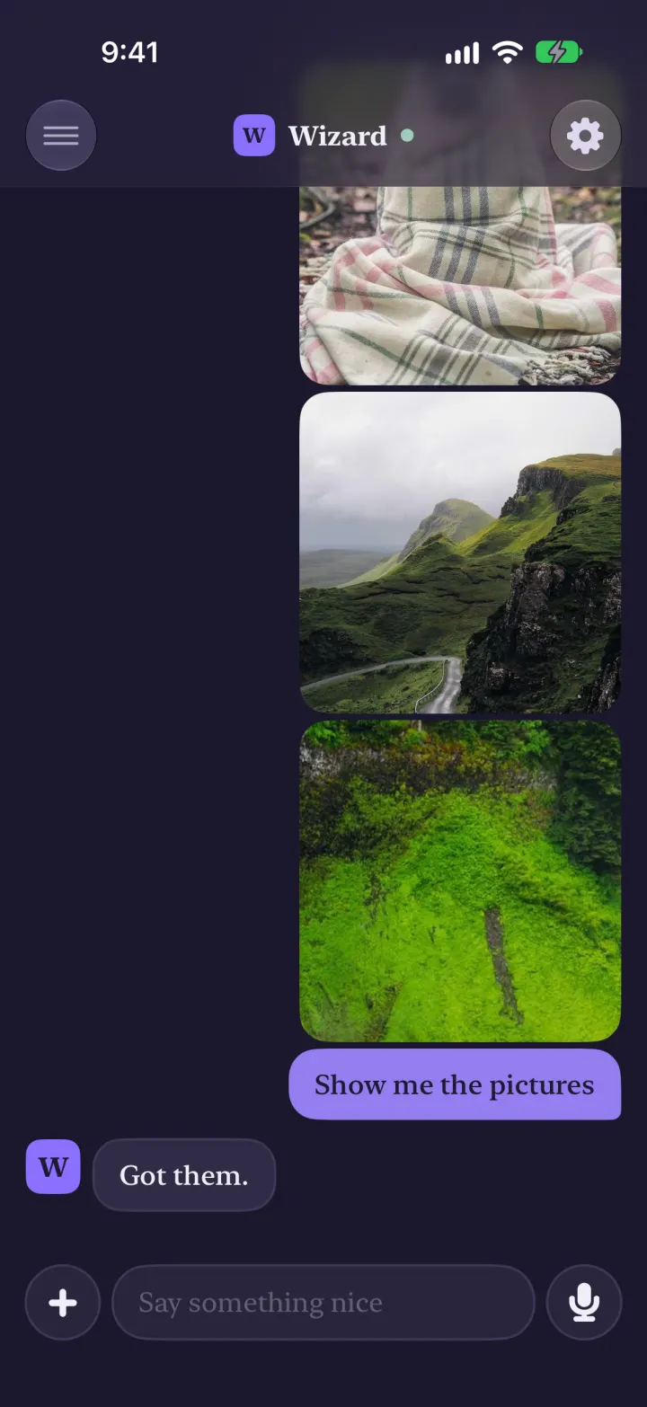 Before: three photos in the chat, all cropped to squares, the tall waterfall photo showing only its middle.