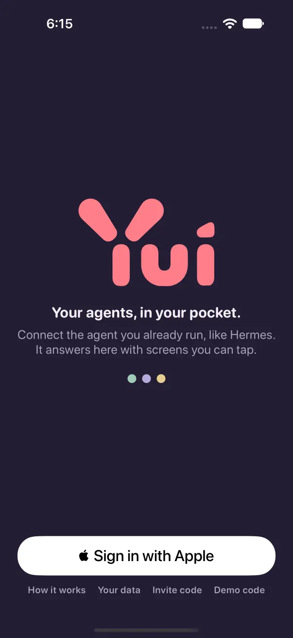 After: the same reinstall opens on Sign in: the Yui wordmark, Your agents, in your pocket, and Sign in with Apple, nothing at the top.