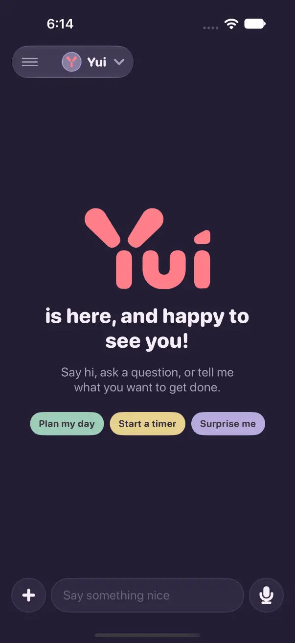 Before: a reinstalled app opens signed in, the menu and Yui agent pill at the top, Yui is here, and happy to see you.