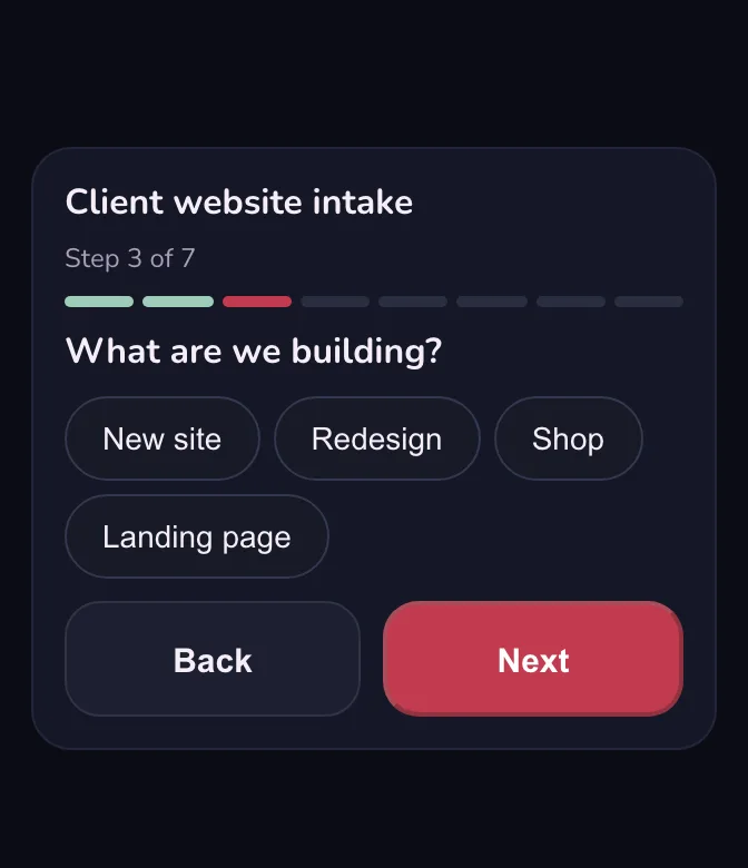 Client website intake in the playground, dark: step 3 of 7, What are we building? New site, Redesign, Shop, Landing page