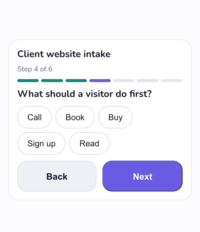 After Landing page instead, light: step 4 of 6, What should a visitor do first? Call, Book, Buy, Sign up, Read