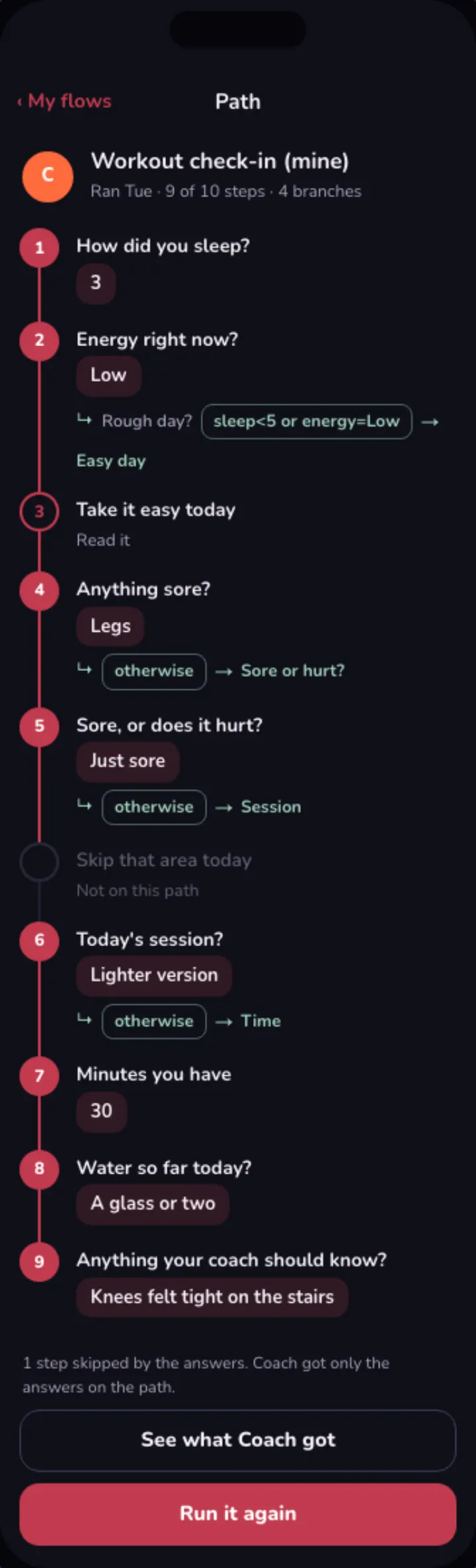 The path a check-in took, in dark mode: nine numbered steps with their answers, a skipped step greyed out, and the rule each branch followed.