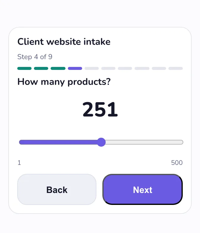After Shop, light: step 4 of 9, How many products? on a slider from 1 to 500