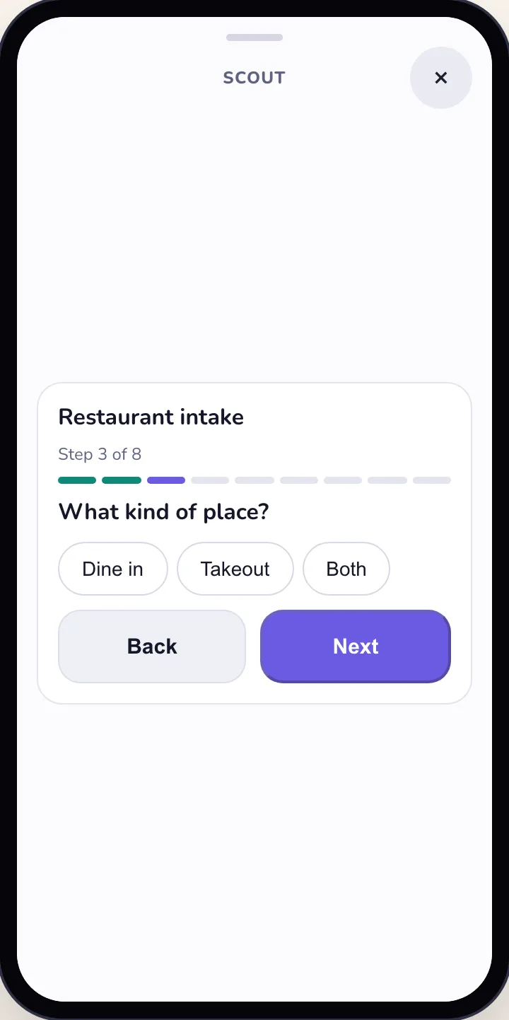 Restaurant intake running in the playground, light: step 3 of 8, What kind of place? Dine in, Takeout, Both.