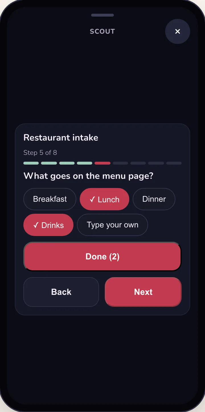 Restaurant intake in dark mode: step 5 of 8, What goes on the menu page? Lunch and Drinks picked, Done (2).