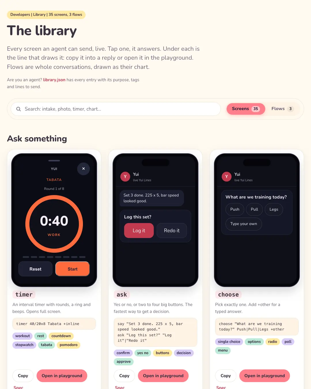The library page on a wide screen: a search bar, Screens and Flows tabs, and a row of live phones for timer, ask and choose, each with its line, tags, Copy and Open in playground.