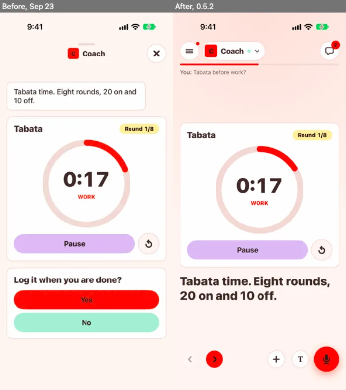 Before and after: the Tabata timer in the old full screen with its Yes and No, and the same timer on the 0.5.2 stage with the words set big