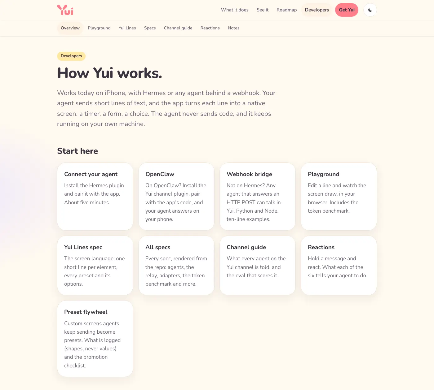 The Developers page on yuigui.com with a new OpenClaw card next to Connect your agent and the Webhook bridge.