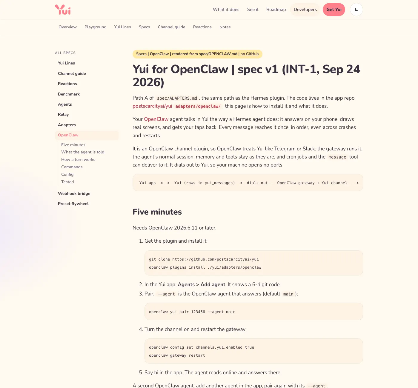 The OpenClaw page on yuigui.com: install the Yui channel plugin, pair with the app's code, turn the channel on and restart the gateway.